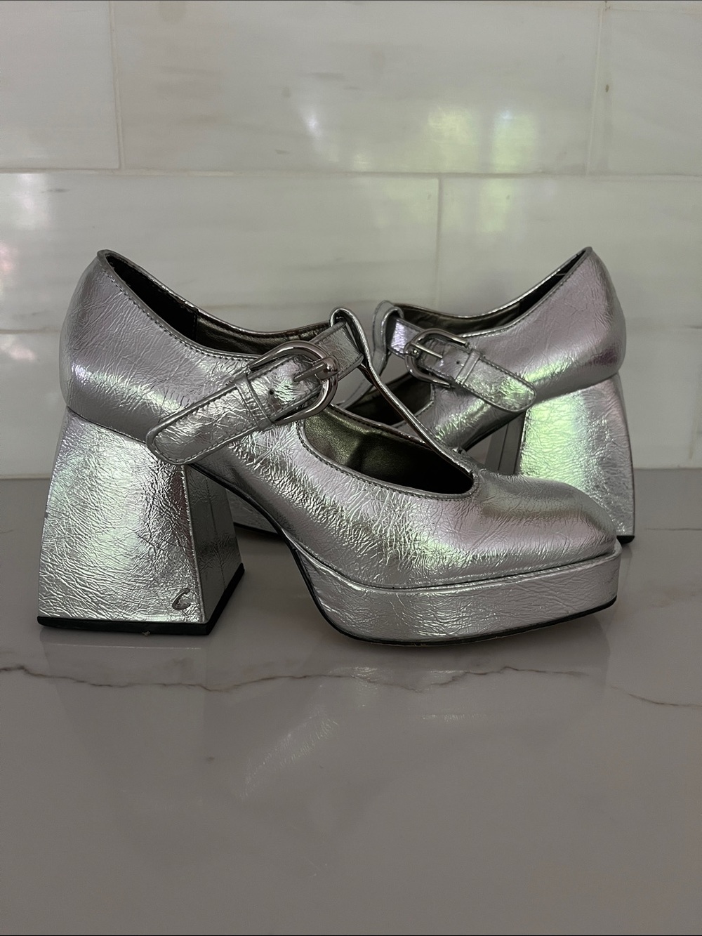 Sam Edelman Metallic Silver Platform T-Strap Mary Jane Heels size 7.5